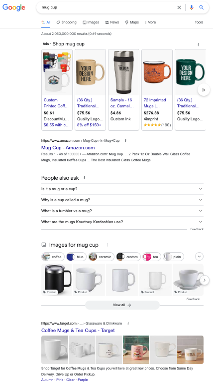 Resultados de búsqueda de Google en EE. UU. para mug cup