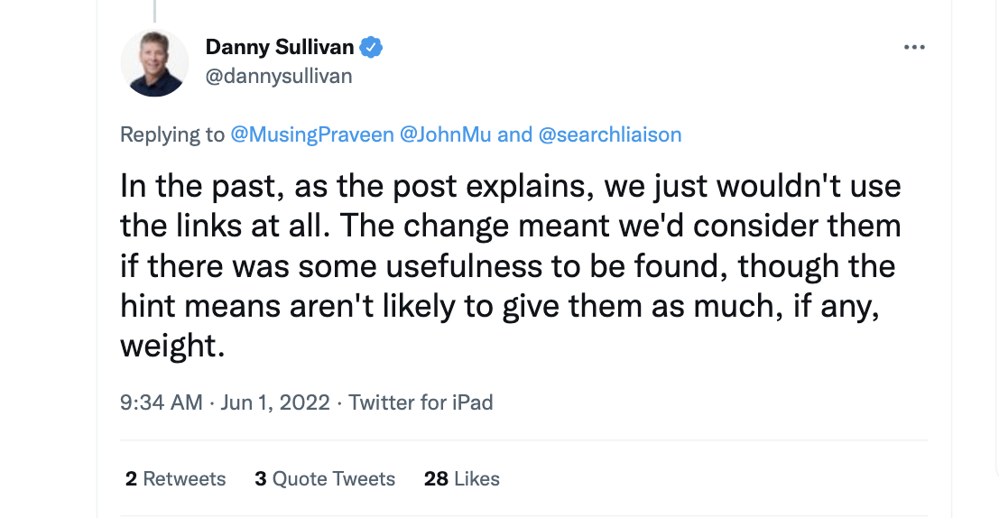 Danny Sulliva intervino en Twitter para decir lo siguiente.