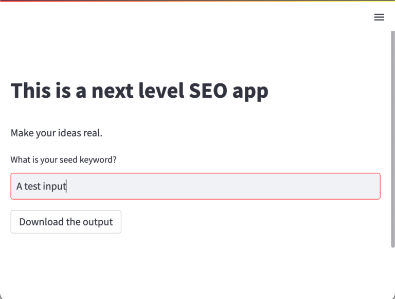 Una mirada a una aplicación Streamlit con encabezado, texto, entrada de texto y botón de descarga