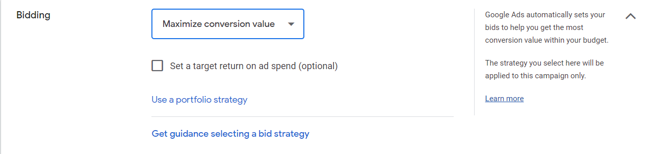 Where to set bidding strategy to Maximize Conversion Value in Google Ads.