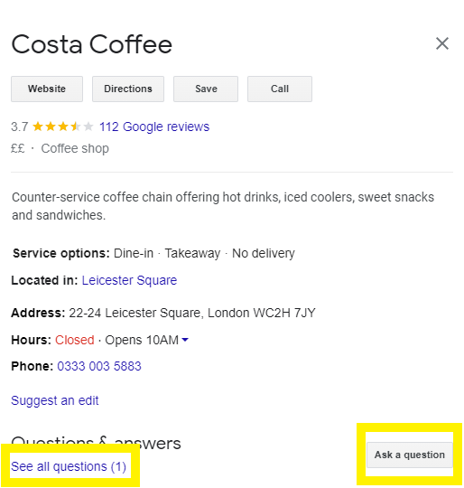 Screenshot of Google Business Profile Ask A Question Feature