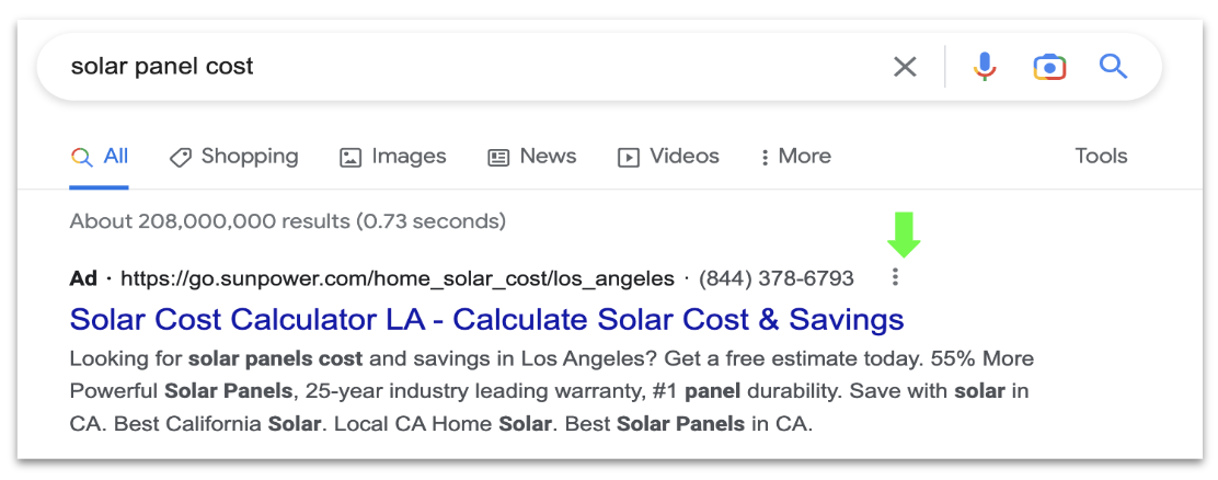 SERPs de Google para el costo del panel solar