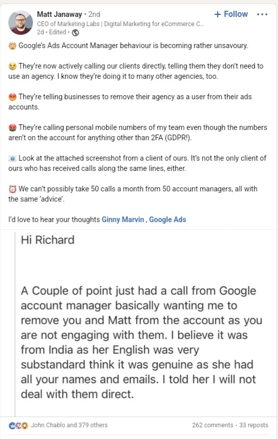 Los administradores de cuentas de Google Ads no deben contactar a los clientes directamente