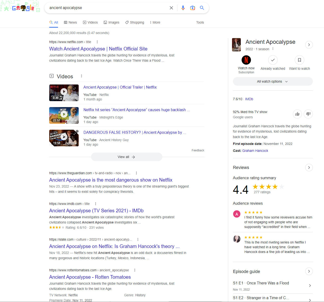 Screenshot of Google search [ancient apocalypse]