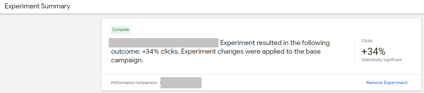 Google Ads Experiment Results